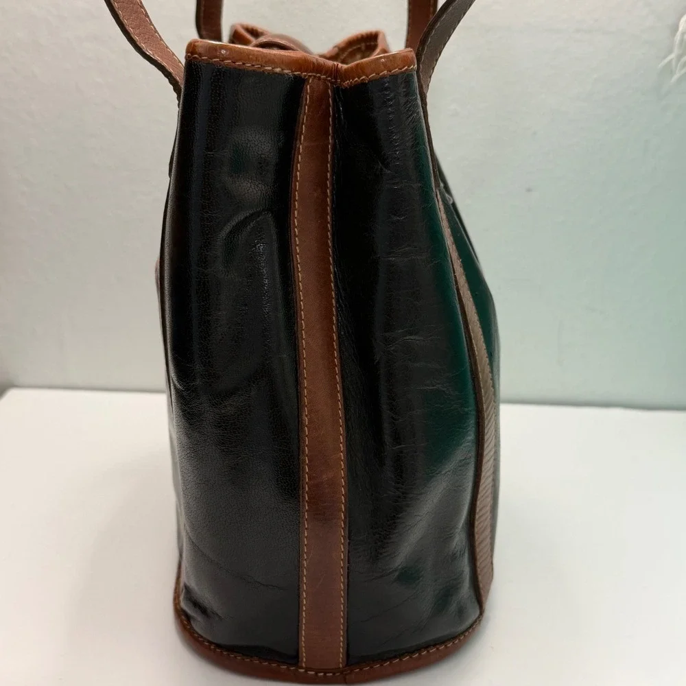 Vintage Brahmin Black Brown Leather Bucket Bag‎ Shoulder Bag USA Made Gold Logo
